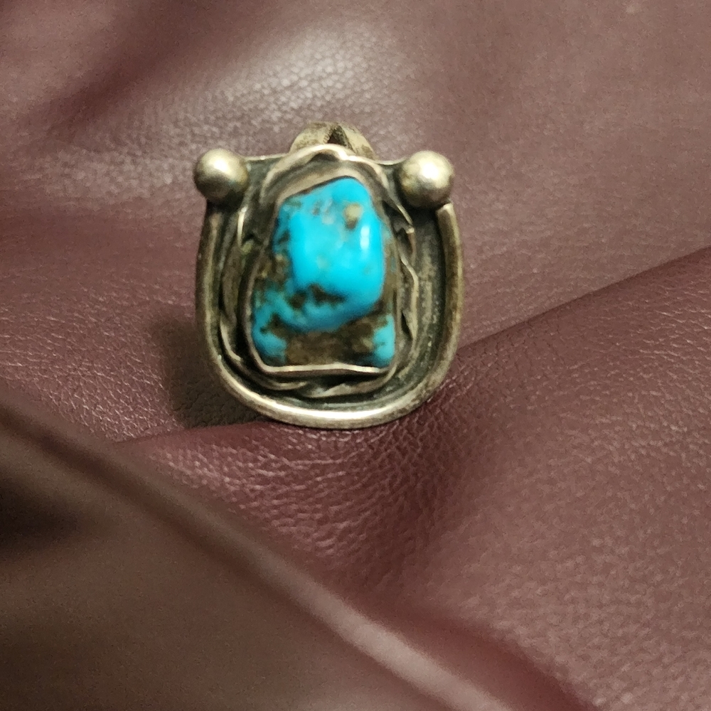 VINTAGE STAMPED SILVER & TURQUOISE NATIVE AMERICAN RING 8 1/2 ☆